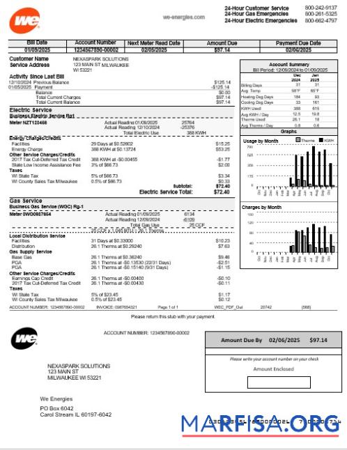 Printable USA Wisconsin We Energies electricity business utility bill template in Word and PDF formats